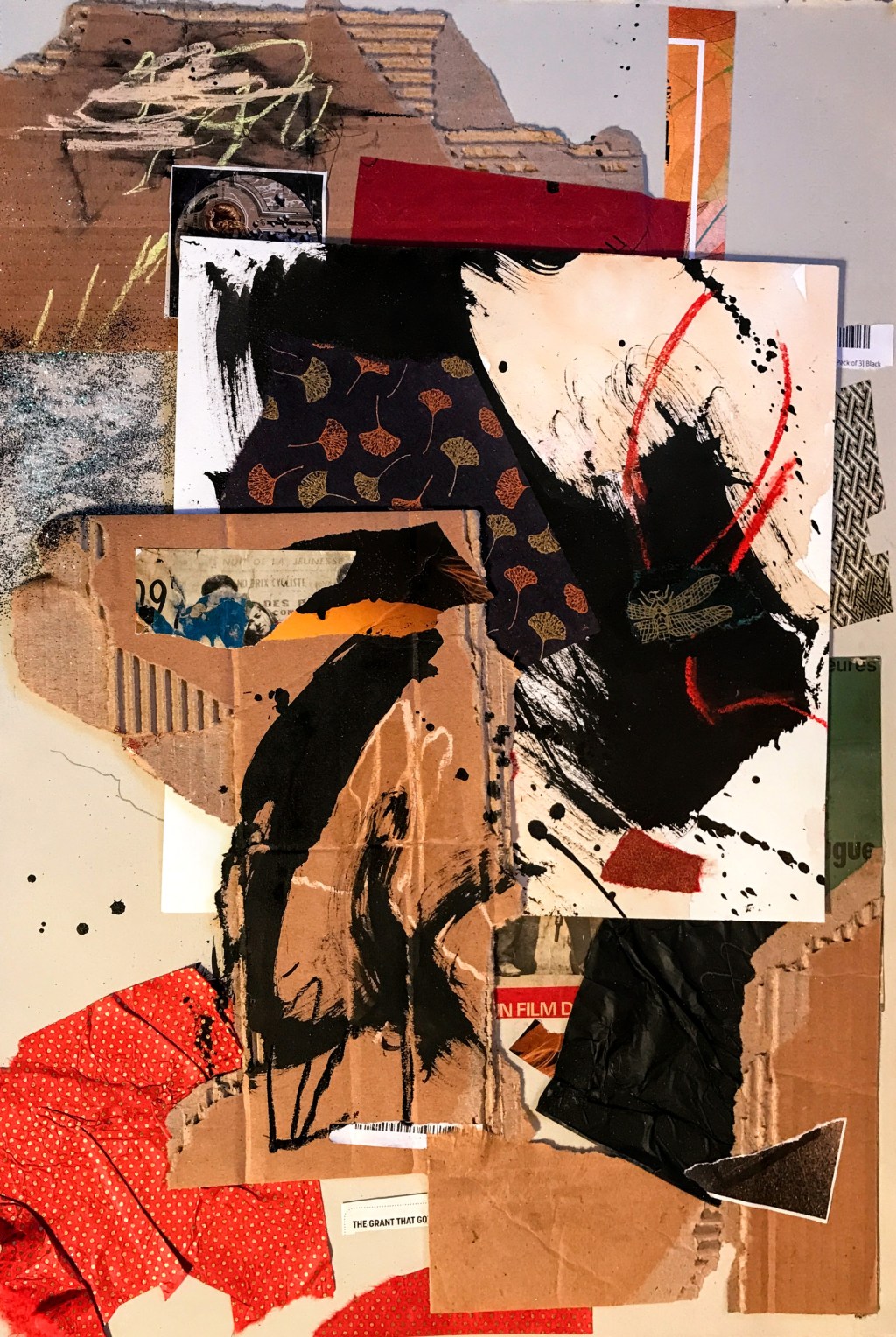 mixed media, expressive, orange, black, brown, green, abstract